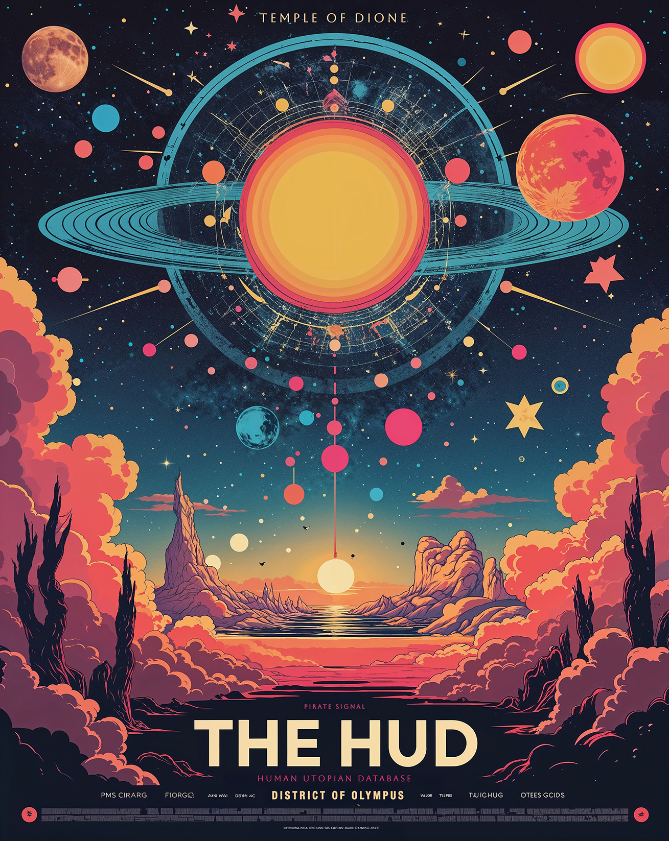 Movie poster style image of The HUD. Vibrant illustration featuring celestial objects, circles, rings, planets hovering in the sky.