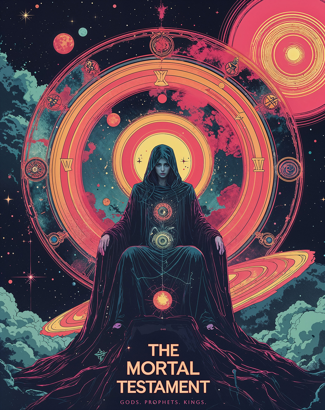 Movie poster. A stylized illustration of Ananke on her throne, presiding over the cosmos. Vibrant background filled with celestial objects. Feels dangerous, ominous, and intriguing.