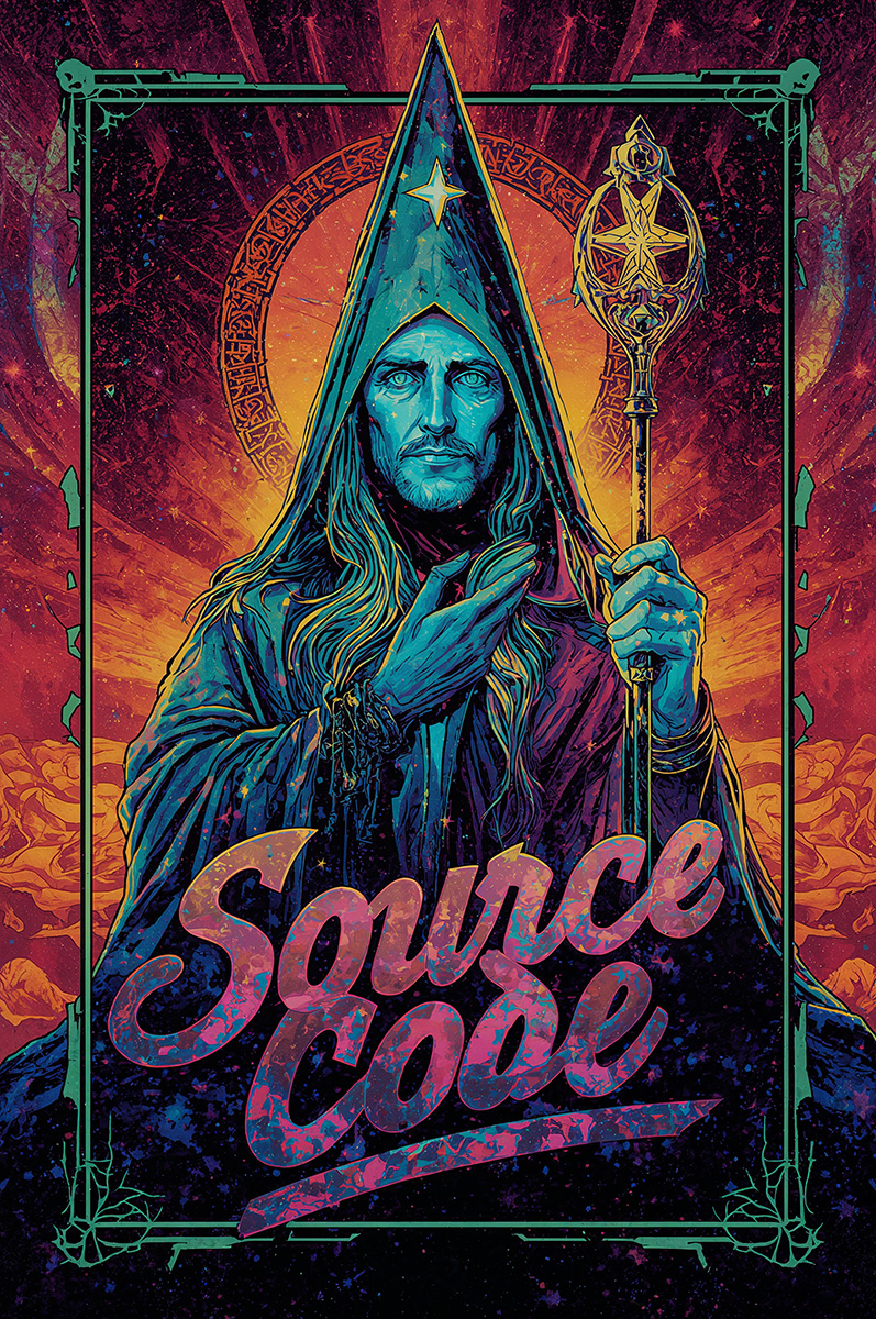 Source Code sage commands the void: hidden architect of The Mortal Testament, stirring reverence for the divine code beneath existence.