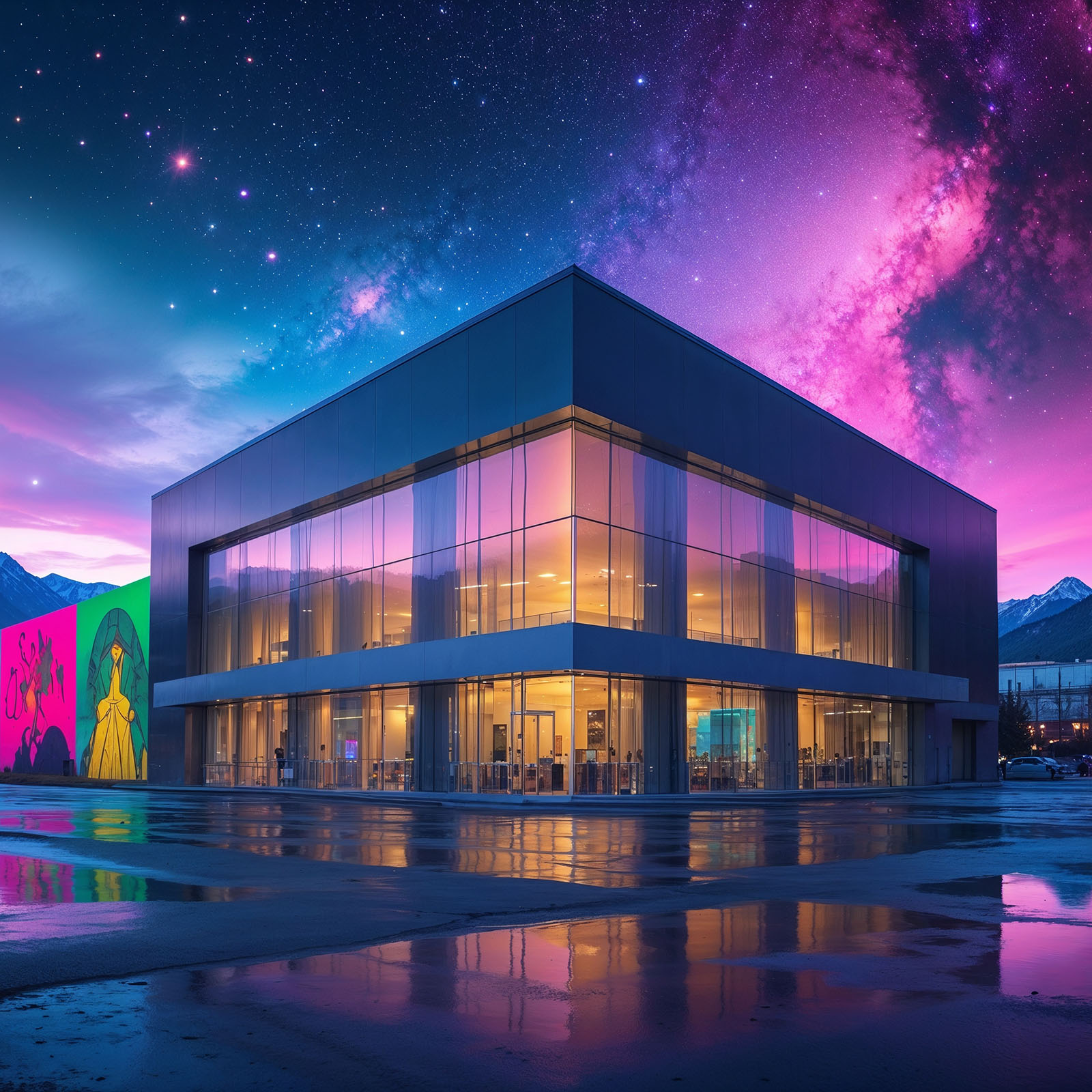 A hauntingly surreal tarot-inspired cinematic keyframe portrays the exterior of Delgany Street Studios, a sleek modern broadcast center at 2323 Delgany Street in Denver’s vibrant River North Art District, its glass facade reflecting colorful street murals and the majestic Rocky Mountains under a dramatic dawn sky that subtly merges into a vibrant starry cosmos backdrop radiating mysticism and quiet wonder. The building’s clean angular architecture glows with soft interior light spilling through windows, evoking a temple of modern revelation. The scene is captured with stunning high-resolution clarity, blending bold expressive brushstrokes and intricate details that pulse with ethereal energy. A rich palette of deep blues and purples dominates, punctuated by bursts of neon pink and green, evoking the nostalgic warmth of Kodak Porta 400 and Cinestill 800 film stock. The image is framed with a shallow depth of field, emphasizing the central luminous facade, surrounded by subtle bokeh blur in the murals and mountains, with a gentle vignette drawing the viewer inward, as if shot with a Leica M10 camera, paying homage to the styles of Maciej Kuciara, Jama Jurabaev, and Wojtek Fus.