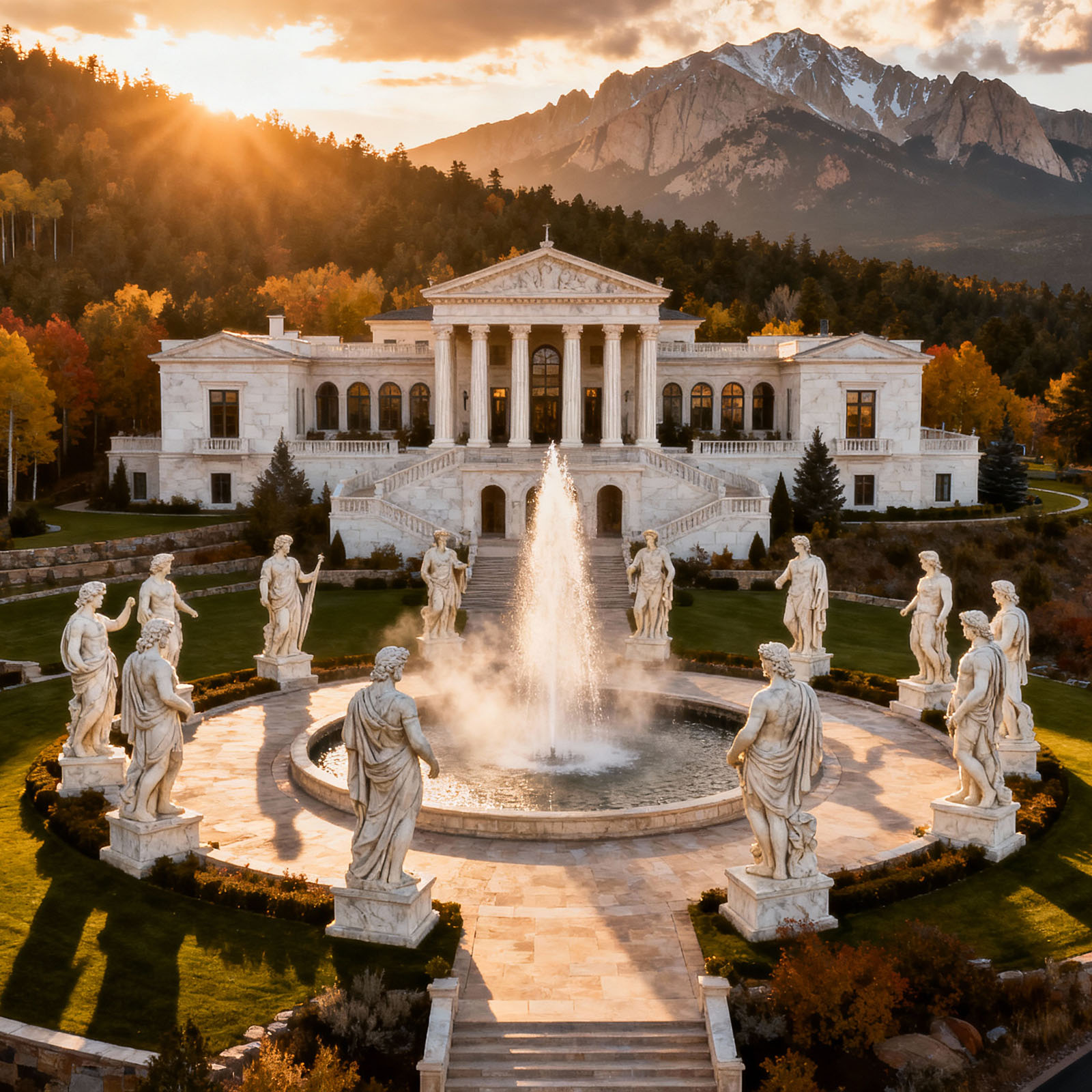 Aerial drone photograph at golden-hour twilight of a grand, palatial white-stone mansion estate perched high on the densely forested slopes of Pikes Peak, Colorado Springs, with classical Greek-inspired architecture featuring tall, fluted marble columns, arched windows, and meticulously terraced grounds. A dramatic fountain sprays upward in the central circular courtyard, surrounded by 12 massive, intricately detailed stone statues of Olympian gods arranged in a perfect ring, set amidst manicured lawns and golden aspens. A long, winding private switchback driveway made of dark asphalt winds up the mountain, lined with vibrant green trees. Dramatic cinematic lighting with warm, golden sunset rays piercing through thin, high-altitude clouds, casting long, ominous shadows, and ethereal mist swirling near the fountain, creating a majestic and slightly mysterious atmosphere. The ultra-realistic, highly detailed scene is captured in National Geographic style photography, with sharp focus and epic composition, in 8k resolution.