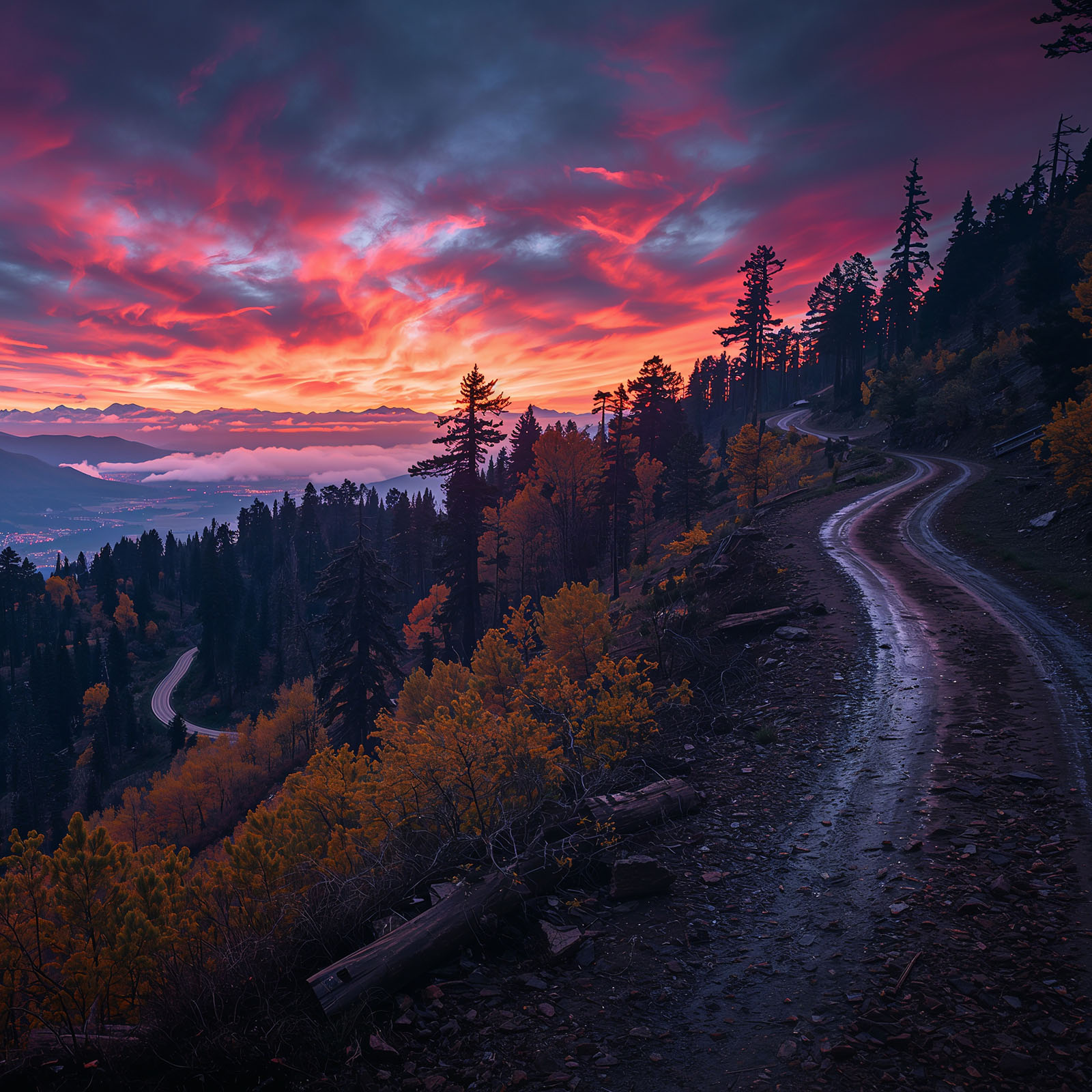 a surreal and vibrant cinematic photo of Hauntingly surreal cinematic keyframe at golden-hour twilight of Old Stage Road, a rugged historic dirt road winding steeply in dramatic switchbacks through dense ponderosa pine forests and golden aspen groves on the backside of Pikes Peak, Colorado, with sprawling city lights far below and the majestic peak silhouetted against a vast sky pierced by warm sunset rays through thin high-altitude clouds, subtle ethereal mist rising from canyons, long dramatic shadows, and faint lens flare adding mystical aura, captured with high-resolution clarity, blending bold brushstrokes and intricate details, in a color palette of deep blues and purples, with bursts of neon pink and green, framed with a shallow depth of field, subtle bokeh blur, and hint of vignette, shot with a Leica M10 camera, in a deeply cinematic aesthetic with filmic quality, rich color grading, and dramatic lighting, inspired by Maciej Kuciara, Jama Jurabaev, and Wojtek Fus, with surreal photography, photorealistic, and film grain.