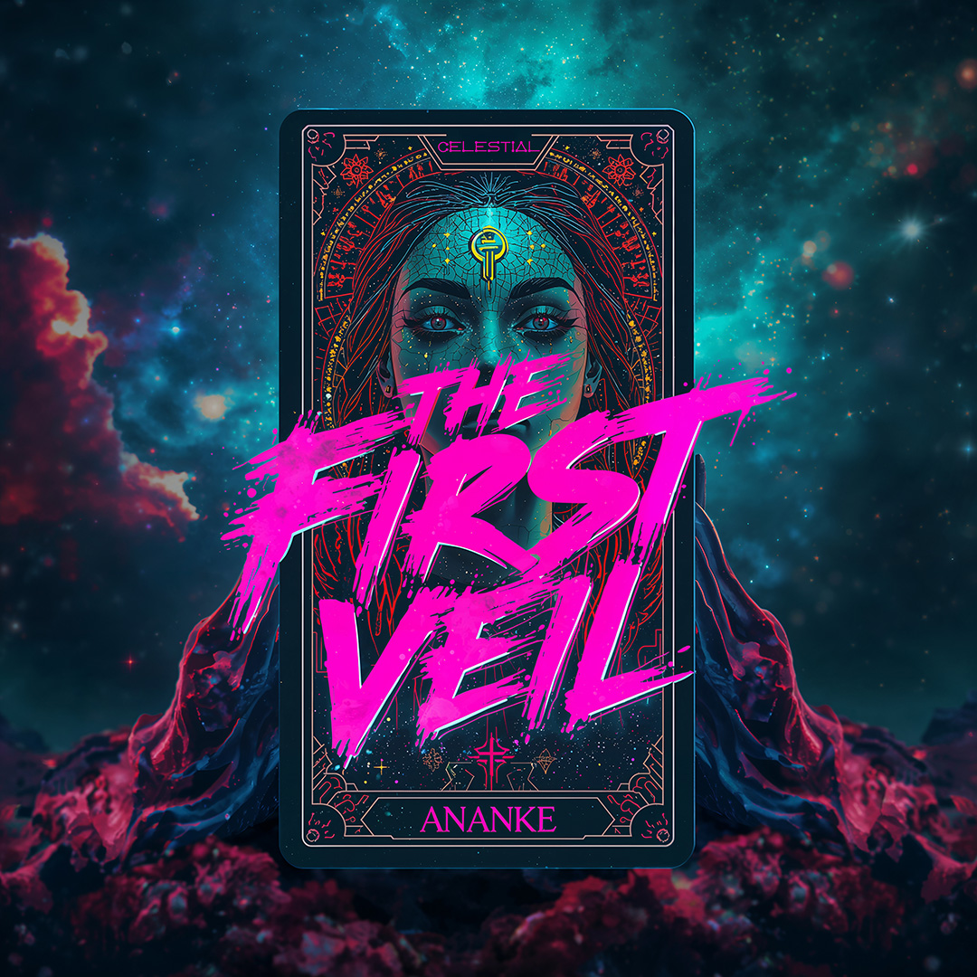 a surreal and vibrant cinematic photo of a hauntingly surreal otherworldly tarot card, set against a vibrant, starry cosmos backdrop with twinkling stars and nebulae, evoking a sense of mysticism and wonder, with the Celestial Ananke, Goddess of Fate, presiding over the card, her face a map of wisdom and mystery, her skin a radiant, glowing porcelain, and her eyes like sapphires shining bright with an otherworldly intensity, beckoning your curiosity to discover its meaning, as the stylized, graffiti cyberpunk font with bold lines and metallic sheen proudly declares the cinematic title The First Veil in neon pink and green hues, dominated by deep blues and purples, with bold, expressive brushstrokes and intricate details that seem to pulse with an ethereal energy, captured with high-resolution clarity, and a shallow depth of field, surrounded by a subtle bokeh blur and a hint of vignette.