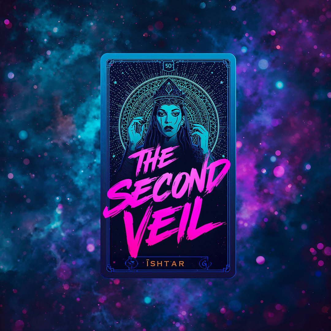 a surreal and vibrant cinematic photo of a hauntingly surreal otherworldly tarot card, set against a vibrant, starry cosmos backdrop with twinkling stars and nebulae, evoking a sense of mysticism and wonder, dominated by deep blues and purples, with neon pink and green hues, Ishtar presides over the card, beckoning curiosity, in stylized, graffiti cyberpunk font with bold lines and metallic sheen, declaring the title "The Second Veil", captured with high-resolution clarity, blending bold, expressive brushstrokes and intricate details, with a shallow depth of field, surrounded by subtle bokeh blur and vignette, nostalgic film grain reminiscent of Kodak Porta 400 and Cinestill 800 film stock, in the style of Maciej Kuciara, Jama Jurabaev, and Wojtek Fus, with a photorealistic and surreal photography aesthetic.