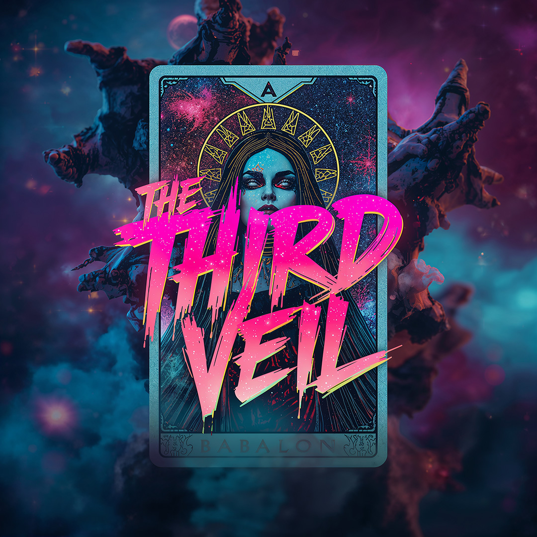 a surreal and vibrant cinematic photo of a hauntingly surreal otherworldly tarot card, set against a vibrant, starry cosmos backdrop with twinkling stars and nebulae in shades of sapphire and amethyst, evoking a sense of mysticism and wonder. The stylized, graffiti cyberpunk font with bold lines and metallic sheen proudly declares the cinematic title "The Third Veil" in neon pink and green hues with golden accents. The Goddess Babalon presides over the card, a new aeon of mankind, with piercing emerald eyes and raven-black hair. The scene is captured with high-resolution clarity, blending bold, expressive brushstrokes and intricate details that seem to pulse with an ethereal energy, dominated by deep blues and purples, surrounded by a subtle bokeh blur and a hint of vignette, drawing the viewer's eye inward.