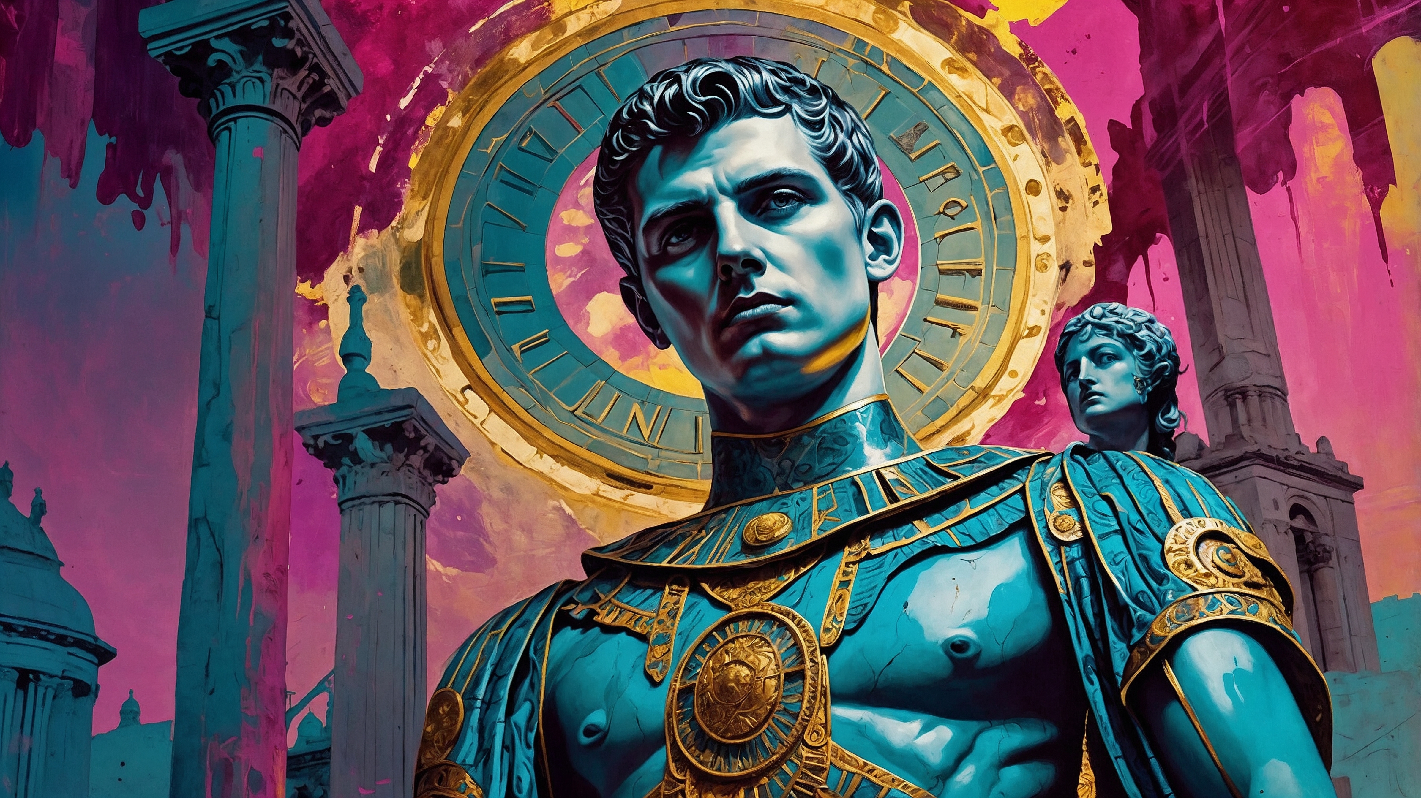 A statue of Roman Emperor Caligula located in the Temple of Jerusalem. Pop art, colorful background, yellows, pinks, blues. Stone skin.