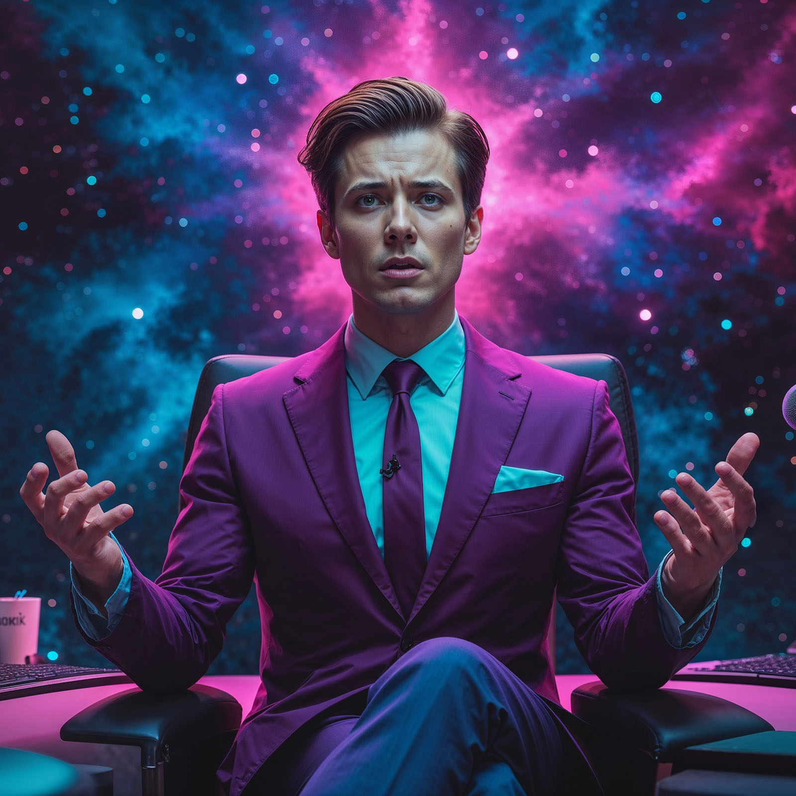A hauntingly surreal tarot-inspired cinematic keyframe depicts Cameron Jenkins, a corporate podcast host sitting in a high-end podcast studio, surrounded by modern furnishings and studio equipment, set against a vibrant, starry cosmos backdrop that evokes a sense of mysticism and wonder. He's wearing a stylish plum suit accompanied by brown eyes and styled back brown hair. He holds an argumentative posture, delivering a lecture to the people. The scene is captured with high-resolution clarity, blending bold, expressive brushstrokes and intricate details that seem to pulse with an ethereal energy. A fusion of deep blues and purples dominates the color palette, punctuated by bursts of neon pink and green, reminiscent of the nostalgic warmth of Kodak Porta 400 and Cinestill 800 film stock. The image is framed with a shallow depth of field, emphasizing the central figure, surrounded by a subtle bokeh blur that adds depth and dimension, and a hint of vignette that draws the viewer's eye inward, as if shot with a Leica M10 camera, paying homage to the styles of Maciej Kuciara, Jama Jurabaev, and Wojtek Fus.