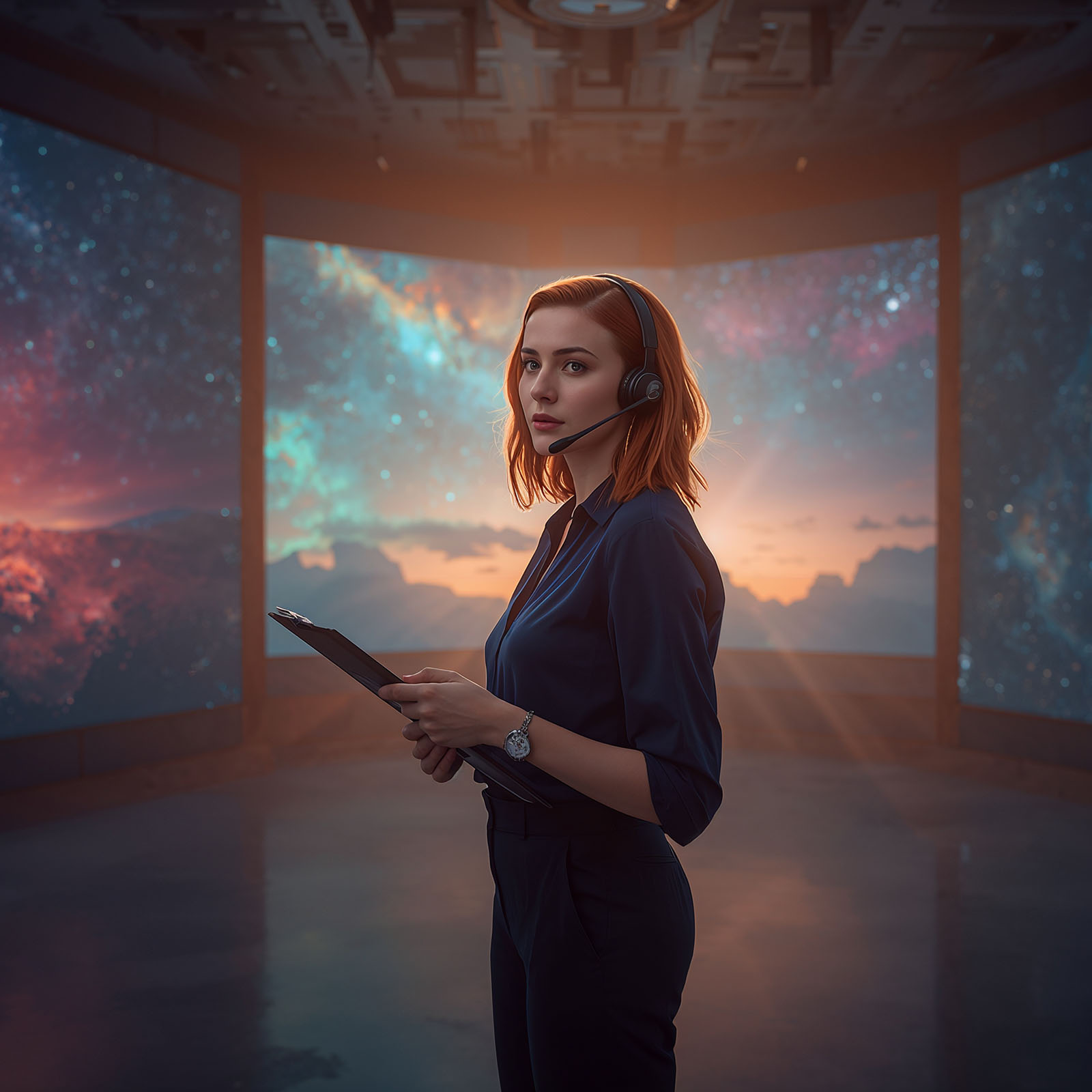 a cinematic photo of a hauntingly surreal tarot-inspired keyframe portrays Sarah Ellis, a young production assistant with fair skin and warm undertones, standing in softly lit modern broadcast studio wings, surrounded by massive LED walls displaying cosmic dawns and vibrant starry cosmos backdrops, radiating mysticism and quiet wonder, her shoulder-length auburn hair pulled back, thoughtful hazel eyes conveying resilience, slender build dressed in navy blouse, dark slacks, and wearing a production headset, holding a clipboard, poised yet unobtrusive, gazing toward the central anchor desk with calm witness as faint golden light touches her, blending bold expressive brushstrokes, intricate symbolic details, and ethereal energy, with a rich palette of deep blues and purples, punctuated by neon pink and green, and a shallow depth of field, emphasizing Sarah's central luminous figure, surrounded by subtle bokeh blur, and a gentle vignette.
