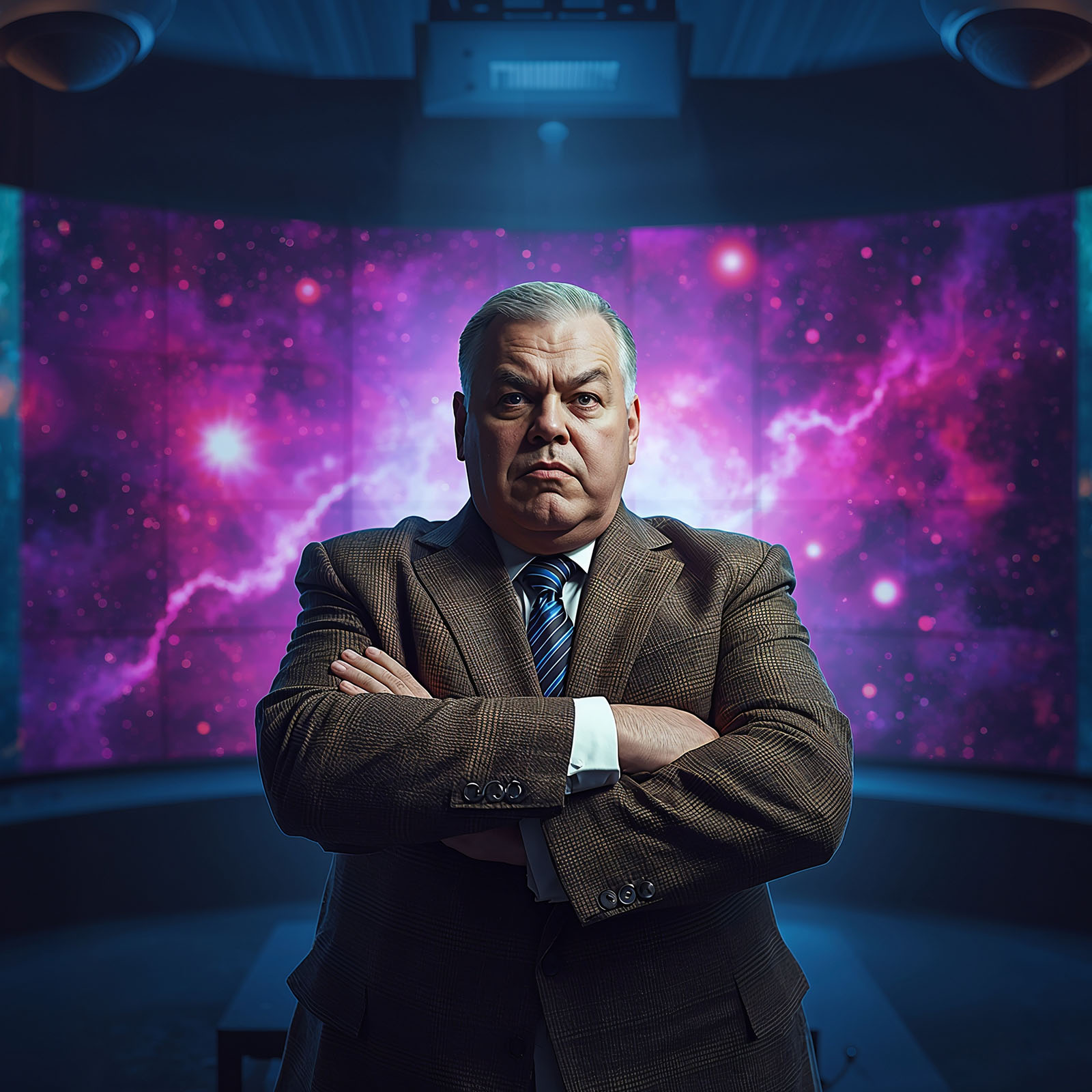 A hauntingly surreal tarot-inspired cinematic keyframe portrays Wayne Sherman, a mid-50s overweight television executive embodying arrogant authority and unchecked hierarchy, standing in the dimly lit control room wings of a modern broadcast studio with massive LED walls displaying subtle cosmic disturbances that transition into a vibrant starry cosmos backdrop radiating mysticism and quiet judgment. Wayne has an authoritative build, short-cropped salt-and-pepper hair, sharp angular features with piercing blue-gray eyes conveying entitlement, thin lips in an embarrassed half-gape, dressed in an expensive brown tweed suit with crisp white shirt and bold tie, posture defensive with arms crossed as faint thunderous light touches him like impending divine rebuke. The scene is captured with stunning high-resolution clarity, blending bold expressive brushstrokes and intricate symbolic details that pulse with ethereal energy. A rich palette of deep blues and purples dominates, punctuated by bursts of neon pink and green, evoking the nostalgic warmth of Kodak Porta 400 and Cinestill 800 film stock. The image is framed with a shallow depth of field, emphasizing Wayne’s central imposing yet subtly vulnerable figure, surrounded by subtle bokeh blur in the studio equipment and cosmic screens, with a gentle vignette drawing the viewer inward, as if shot with a Leica M10 camera, paying homage to the styles of Maciej Kuciara, Jama Jurabaev, and Wojtek Fus.