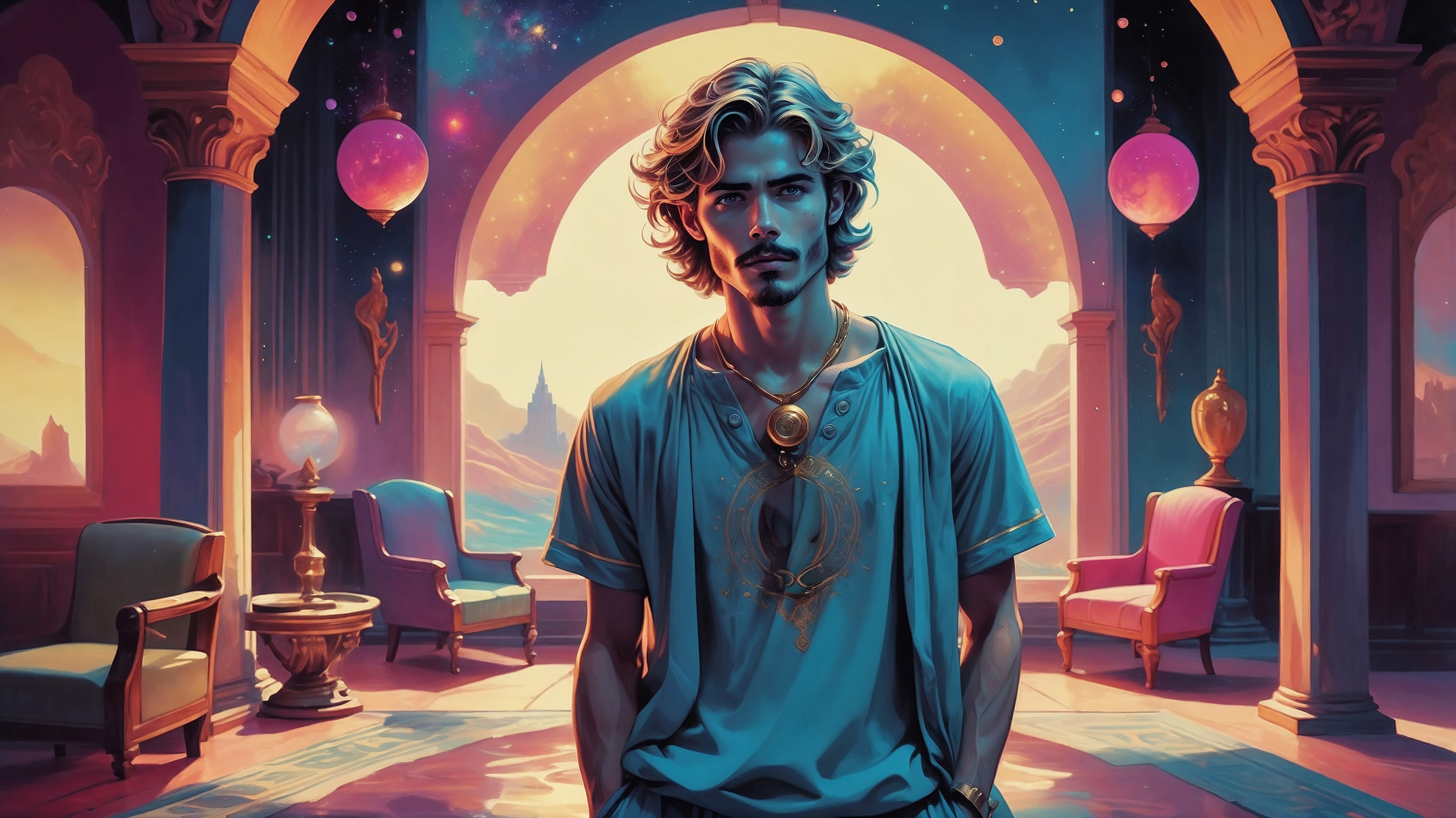 A hauntingly surreal tarot-inspired cinematic keyframe depicts Jesus standing in a lavish marble foyer with arches, surrounded by opulent furnishings and sumptuous fabrics, set against a vibrant, starry cosmos backdrop that evokes a sense of mysticism and wonder. His skin has a warm, golden undertone, radiant with an inner glow, accompanied by shaggy hair, his face is giving an expression of awe. He's wearing a white t-shirt and tan carpenter's pants stained from labor. The scene is captured with high-resolution clarity, blending bold, expressive brushstrokes and intricate details that seem to pulse with an ethereal energy. A fusion of deep blues and purples dominates the color palette, punctuated by bursts of neon pink and green, reminiscent of the nostalgic warmth. The image is framed with a shallow depth of field, emphasizing the central figure, surrounded by a subtle bokeh blur that adds depth and dimension, and a hint of vignette that draws the viewer's eye inward, paying homage to the styles of Maciej Kuciara, Jama Jurabaev, and Wojtek Fus.