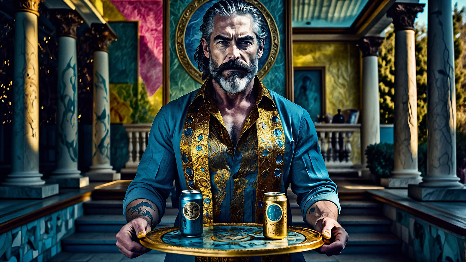 Zeus holding a serving tray with two aluminum cans.